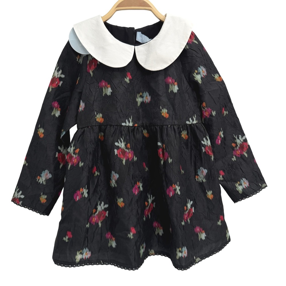 Hill House Tiny Lottie Dress Girls Size 3/4Y Black Ikat Taffeta Peter Pan Collar
